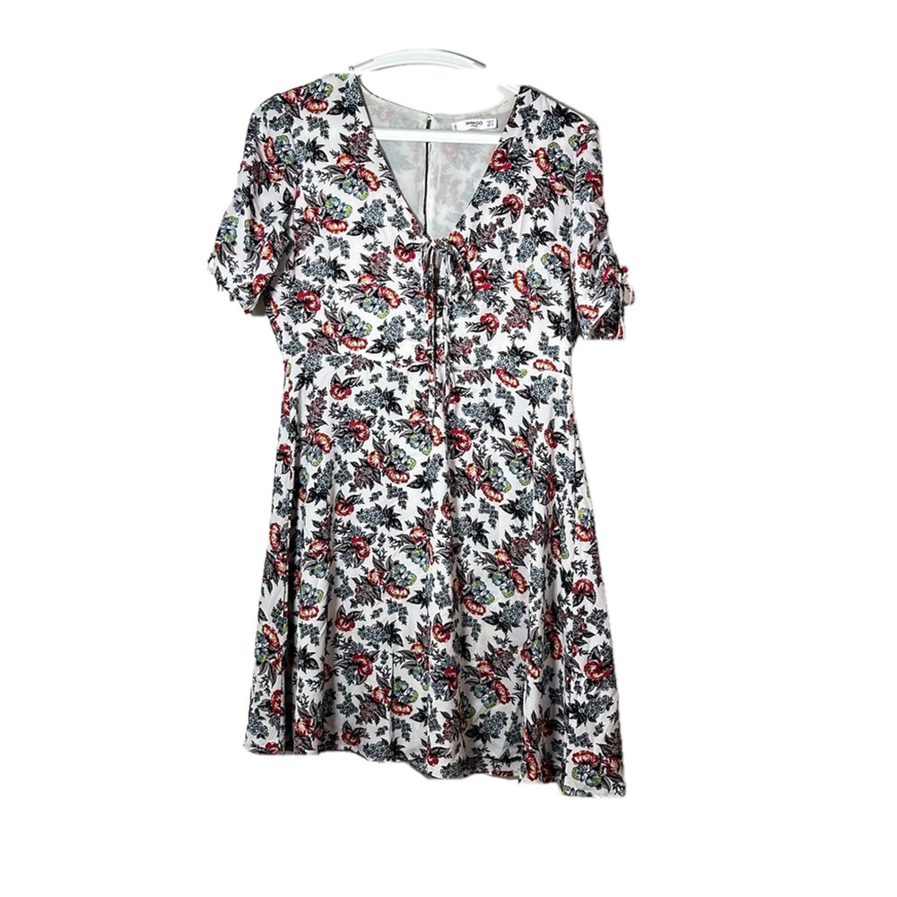 Mango Boho Red Floral Dress Fit Flare Lined Front Tie Cinched Sleeve Size 6